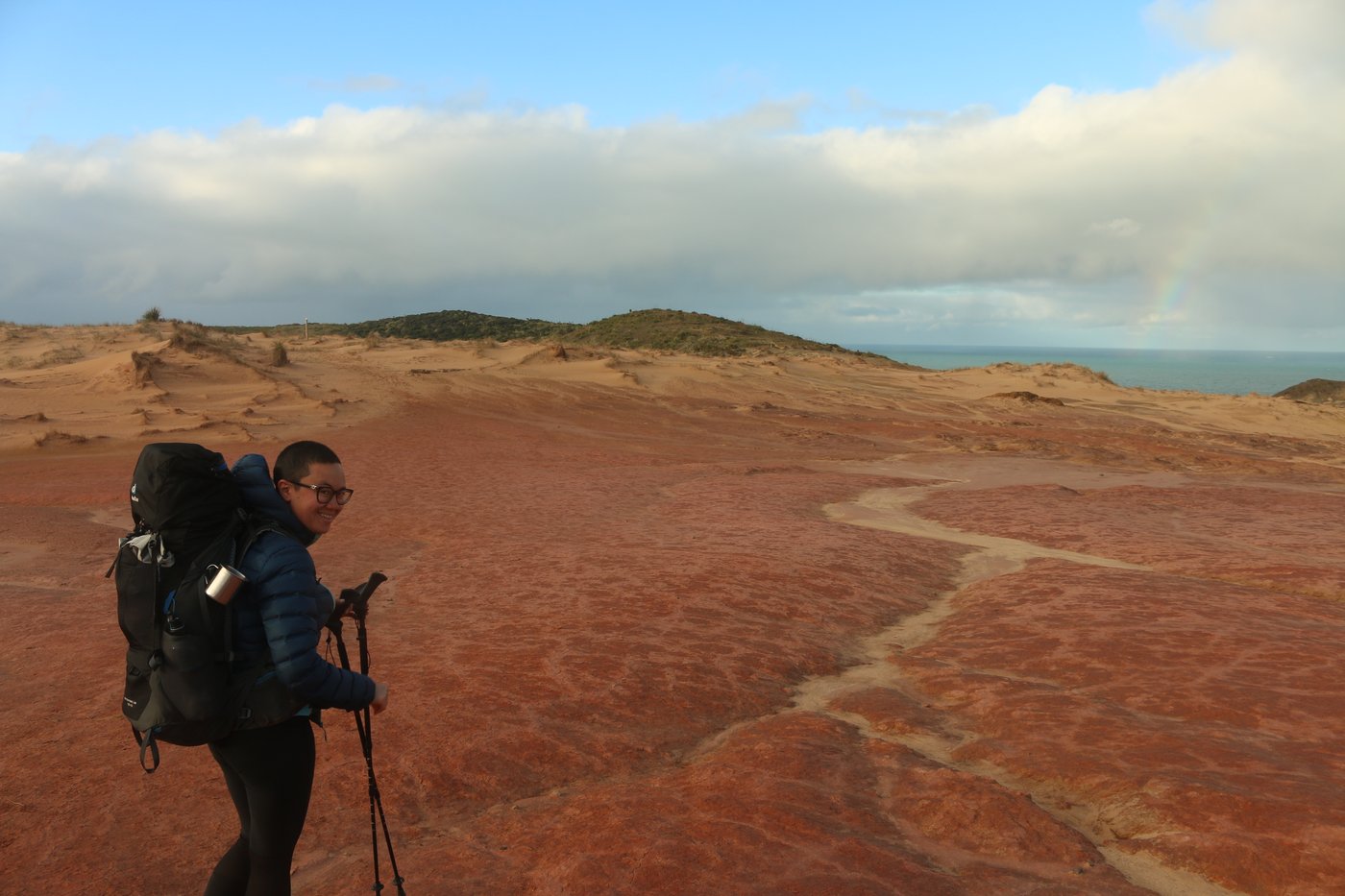 Rose looking out over the dark red terrain toward Cape Maria Van Diemen.