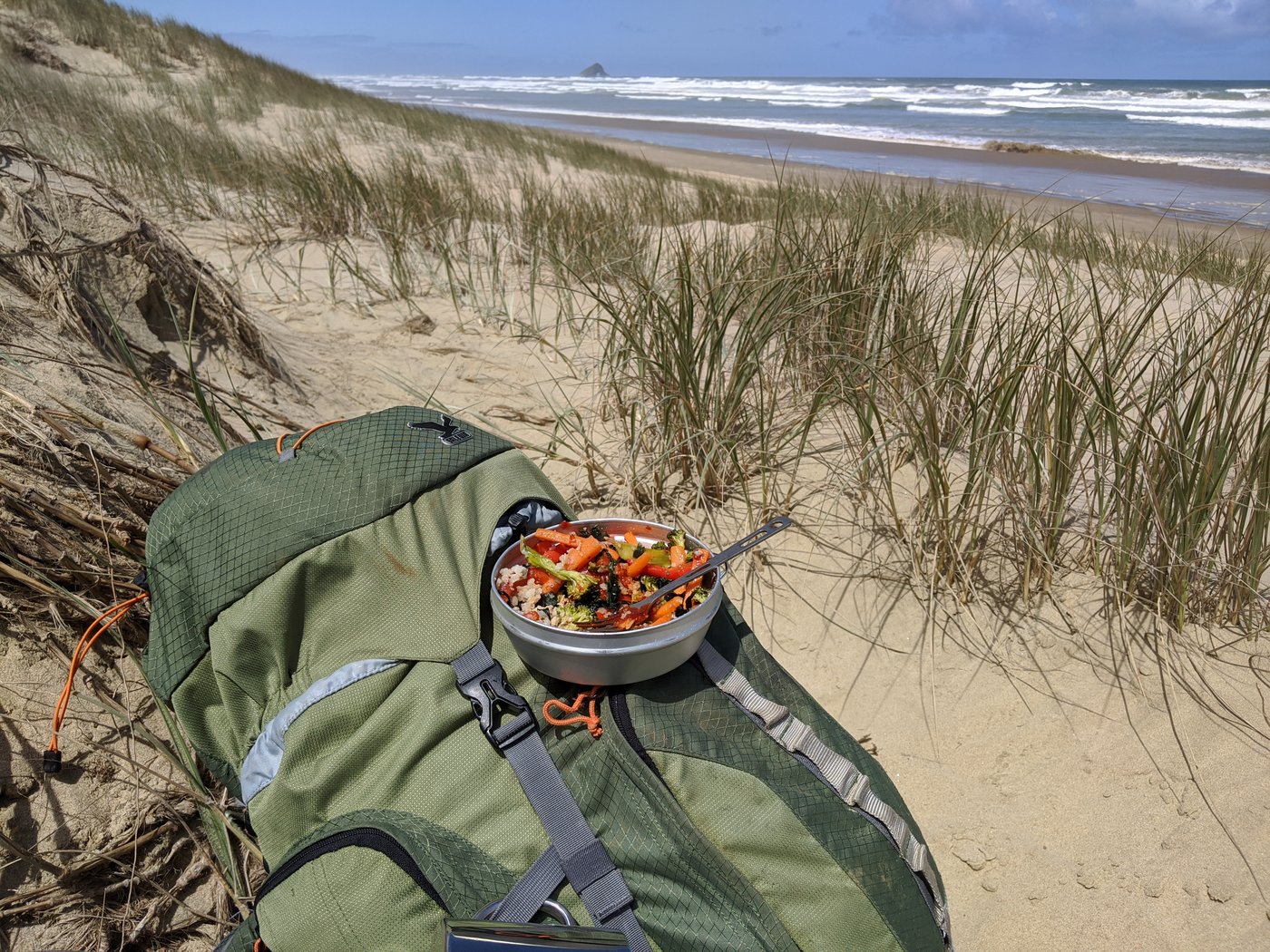 Our lunch of stir fried vegetables on the beach.