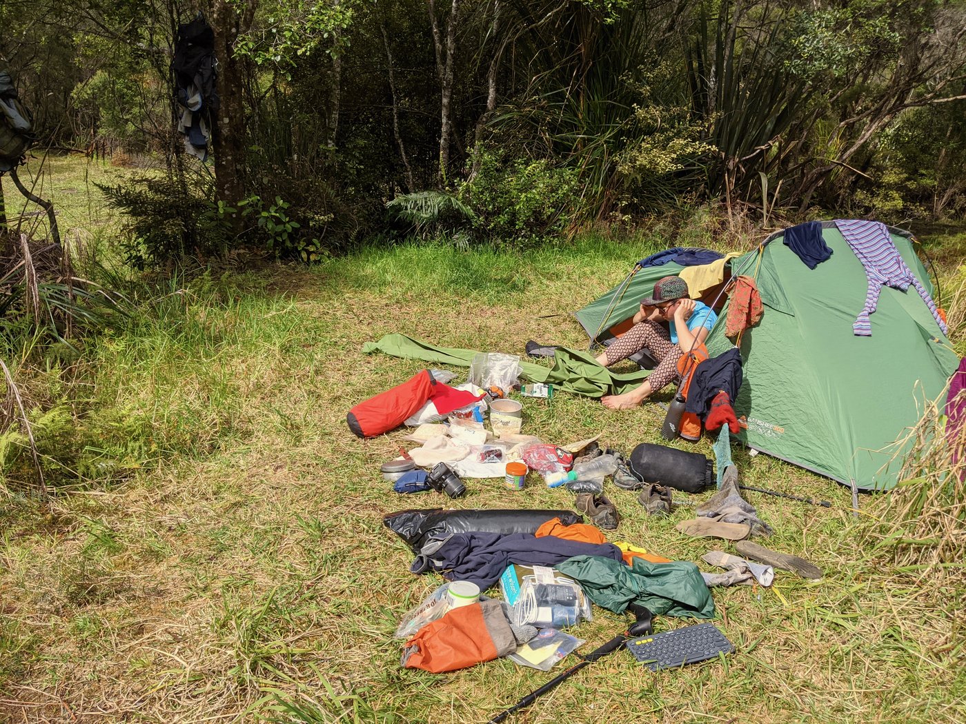 Our gear arrayed around the tent to dry in the afternoon sun.