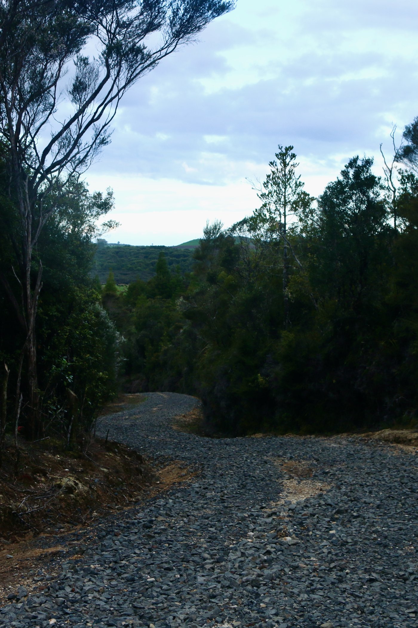 The punishing gravel road twists downhill.