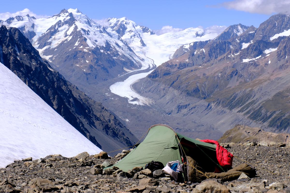 Our tent pitched atop Ball Pass, looking out over the Tasman Glacier, New Zealand’s largest.