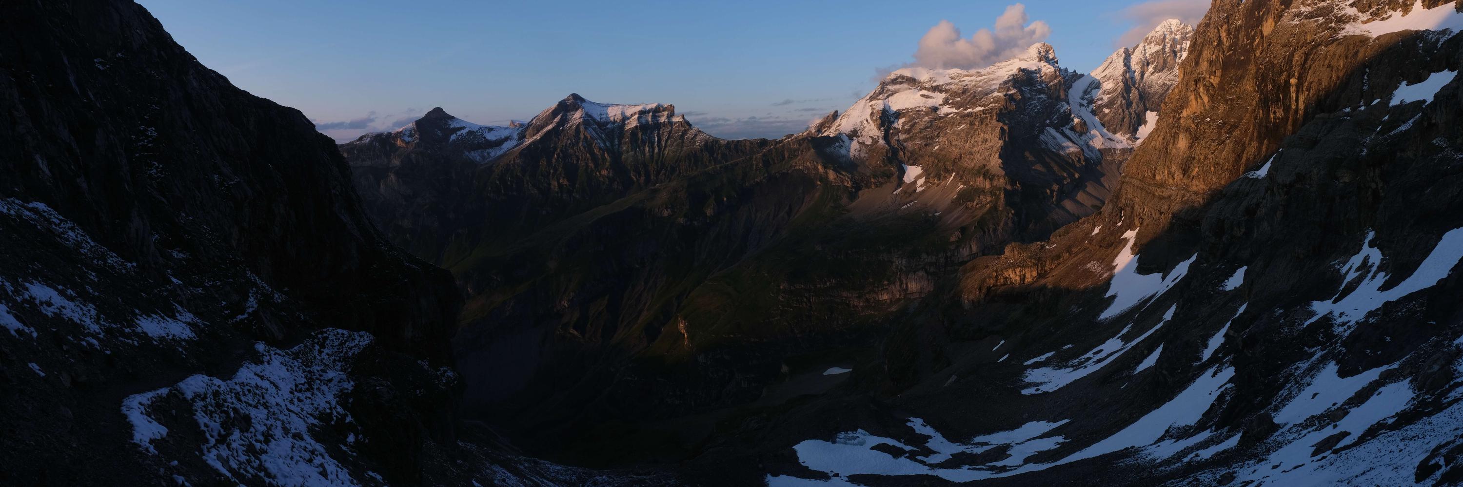 An evening panorama looking East from The Hohtürli Pass (2778m), Switzerland