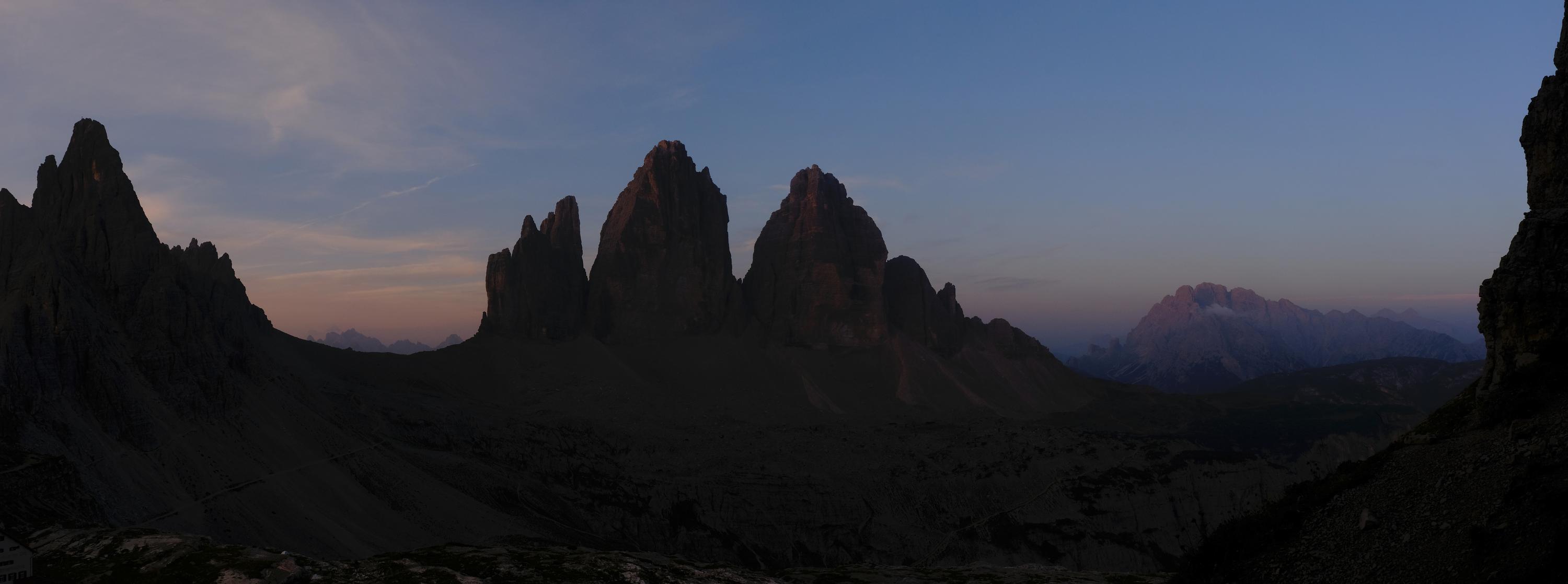 The Three Peaks of Lavaredo viewed from my cave first thing in the morning. Dolomites, Italy