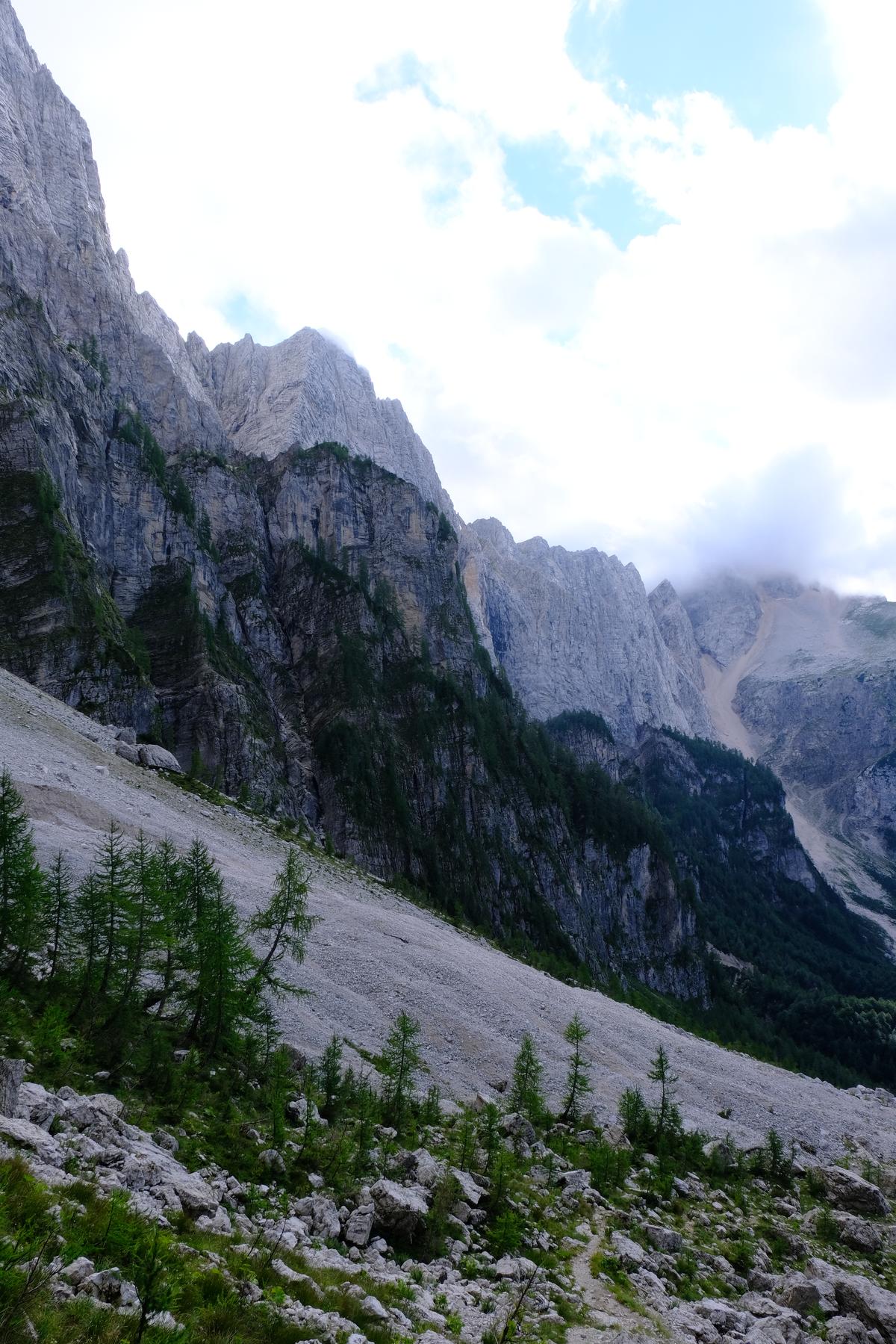Long sloped of scree sprawl out below the peaks of the Slovenian Alps