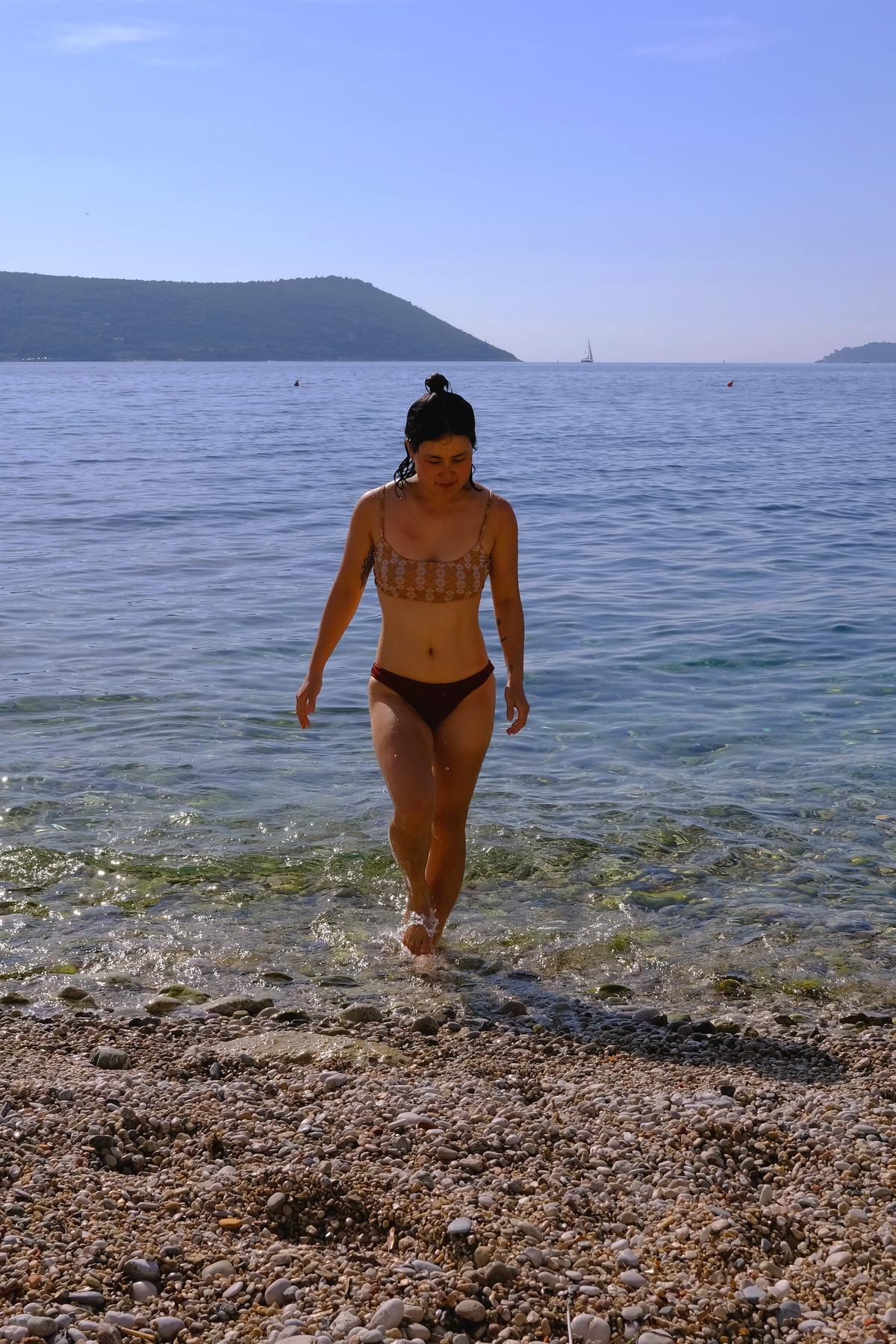 Mizuki coming out of the still warm water of the Adriatic. Herceg Novi, Montenegro 