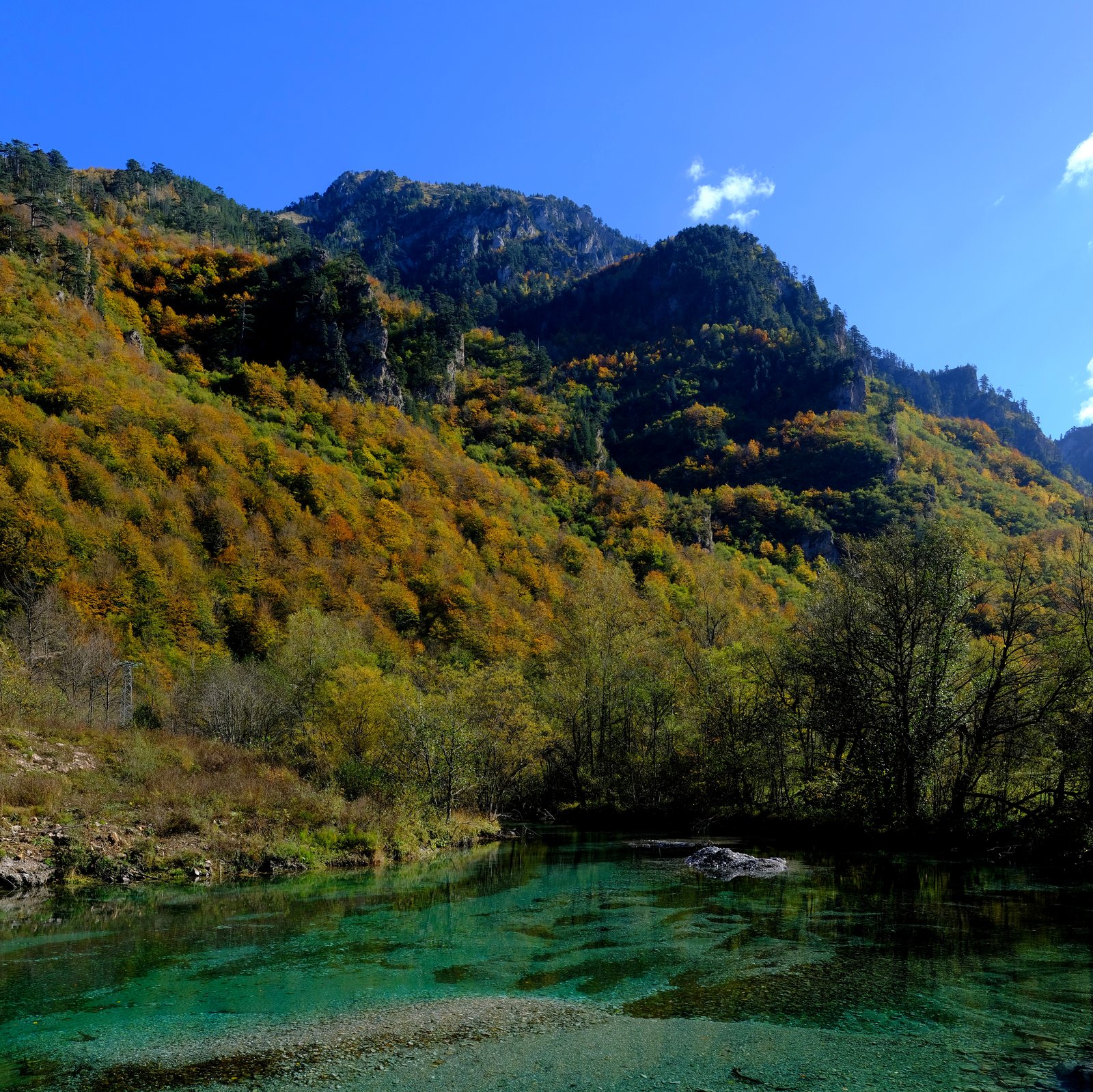 The clear blue water of the Lëpusha in Albania that flows into the Vermoshi and on into Montenegro