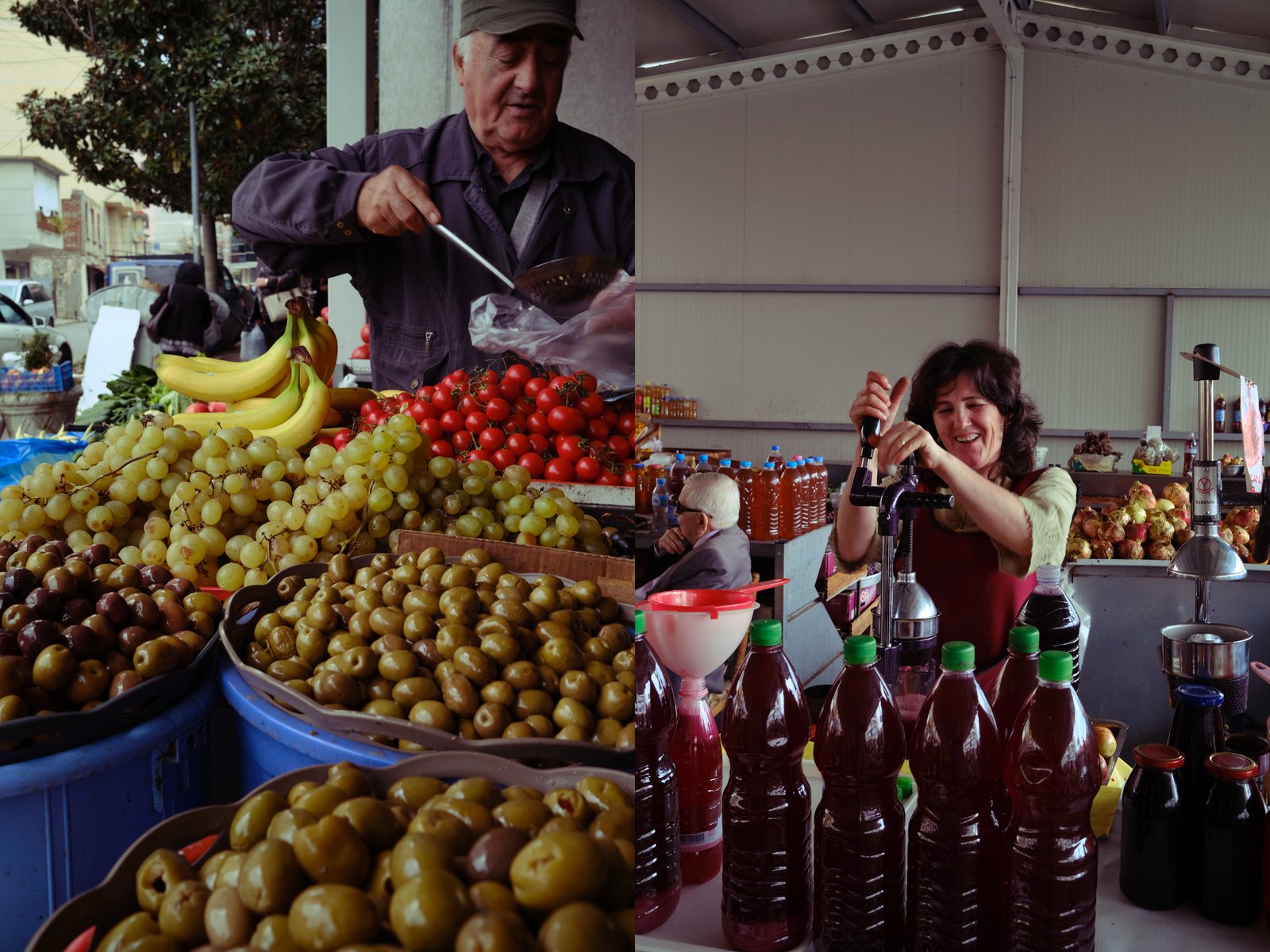 The vendors at a covered market where Mizuki and I bought olives and freshly squeezed pomegranate  juice. Shkodër, Albania