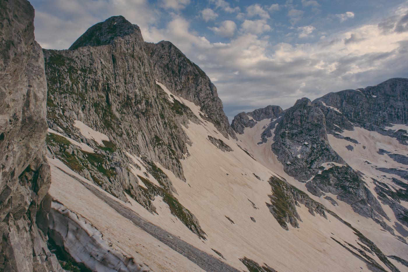 Looking across the top of the ice pack as I worked my way toward the pass in the evening after a very tiring climb. The Accursed Mountains, Albania