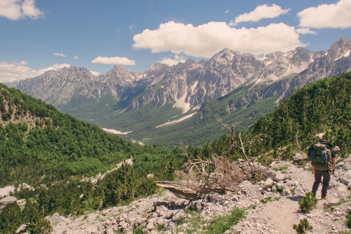 Chris descends into the valley in the direction of Valbonë after the climb up and out of Theth, Albania