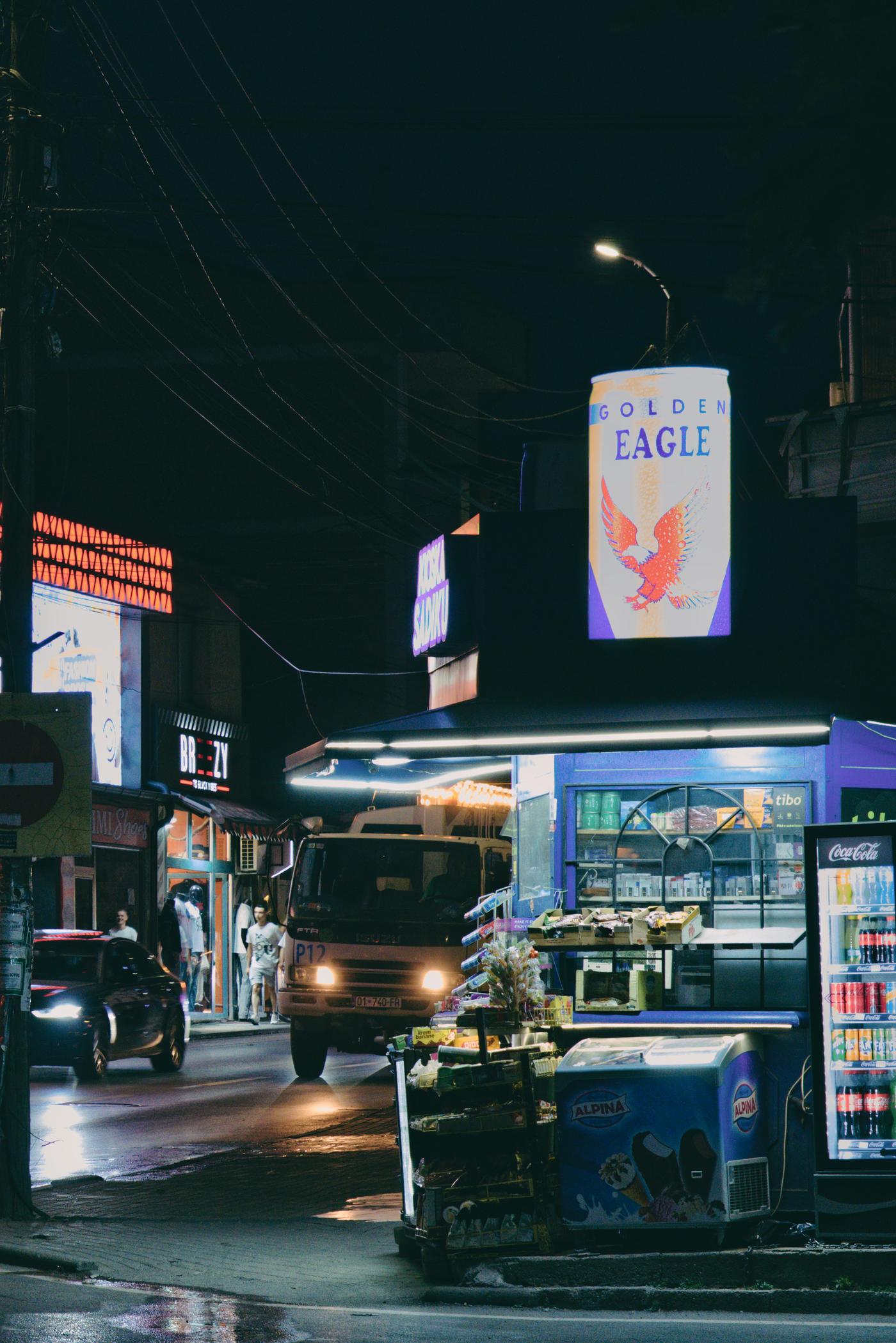 A brightly lit kiosk at an intersection as I arrived in Prizren to meet Helen and Irfaan. Albania 