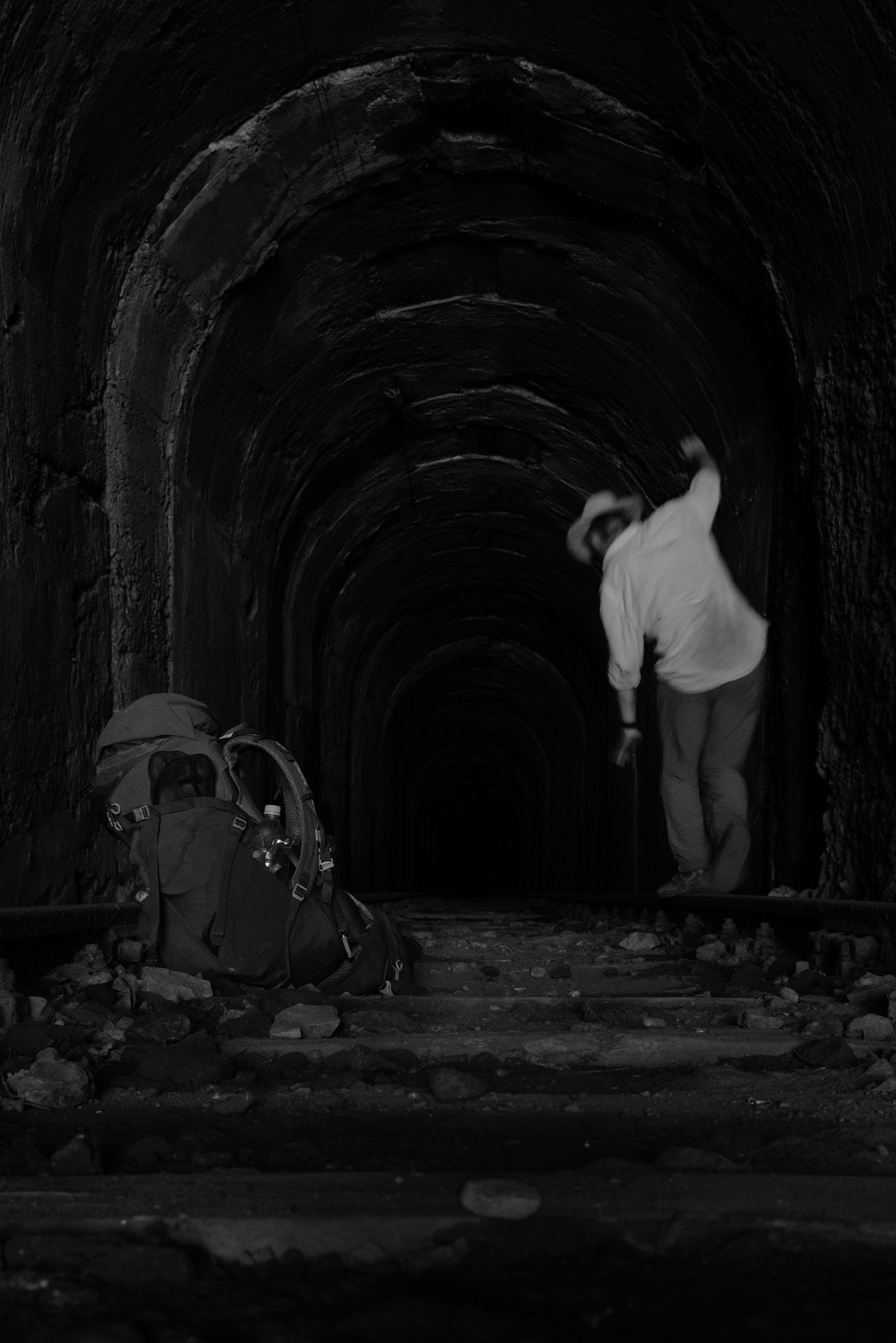 Practicing my balance on a railway track while taking a break part way through a tunnel, near Labrazhd, Albania