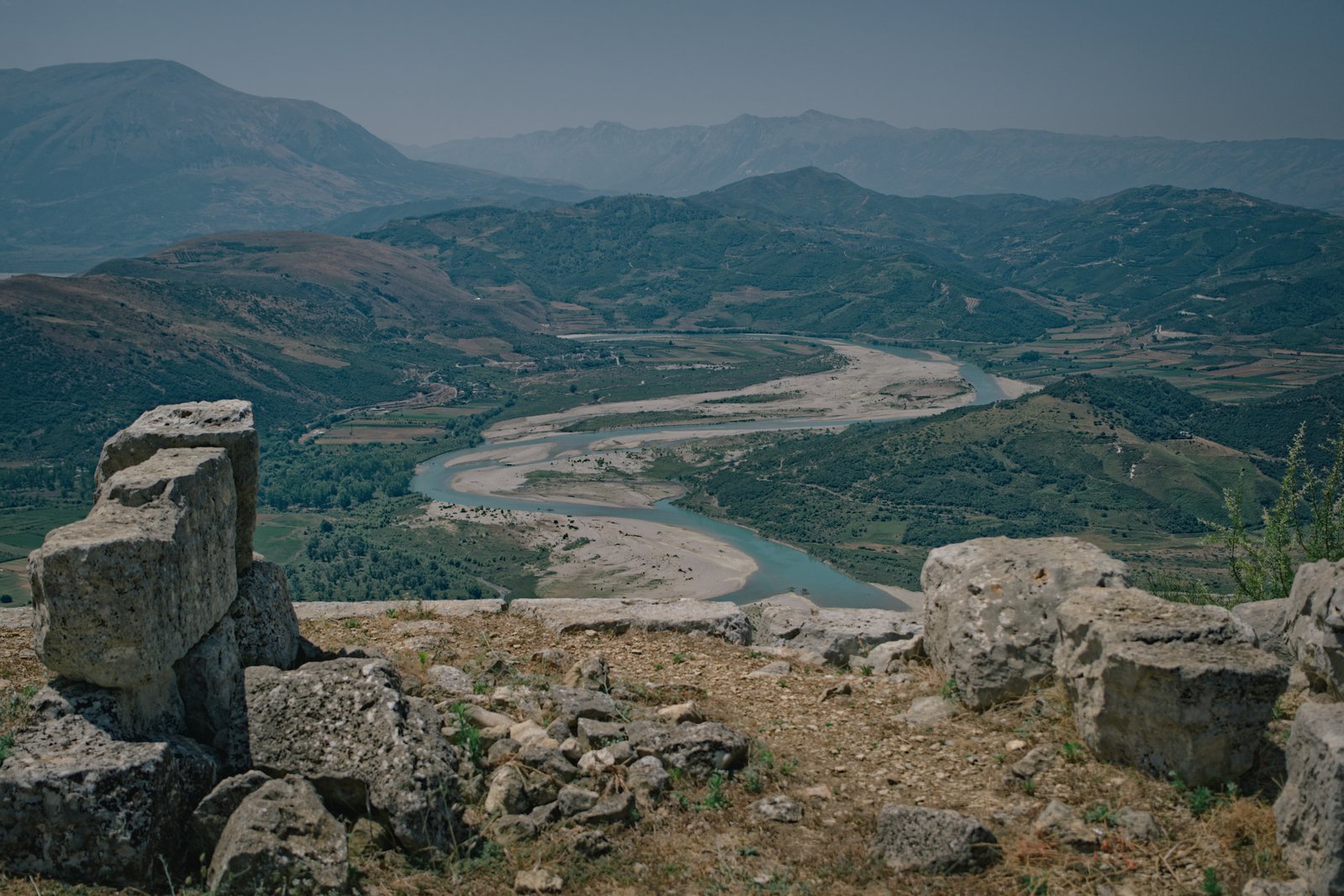 Looking out over the Vjosa river from the hilltop ruins at Bylis. Albania