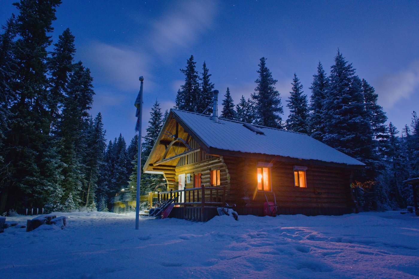 Elk Lake cabin on a sub-zero night. Kananaskis region, Canada