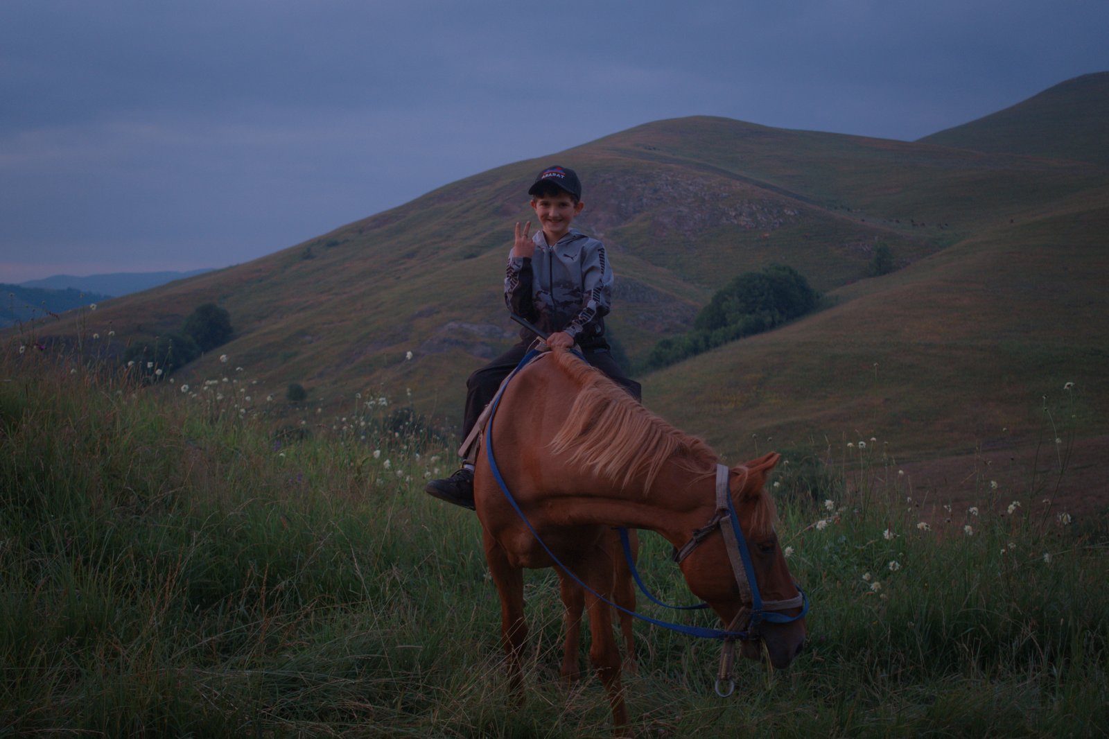 Eight year old Samvel (ÕÕ”Õ“Õ¾Õ„Õ¬) poses on his horse after warning Jonny and I that we were likely to be devoured by bear or wolf if we camped near the forest. Armenia