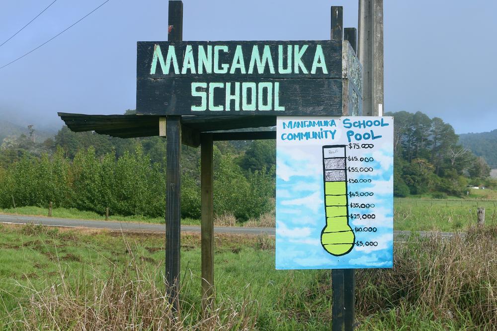 The meter showing the local school's fundraising progress.