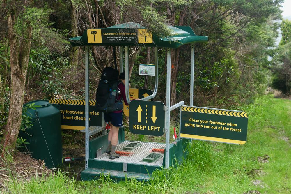 A bio-security cleaning station for preventing the spread of Kauri dieback.