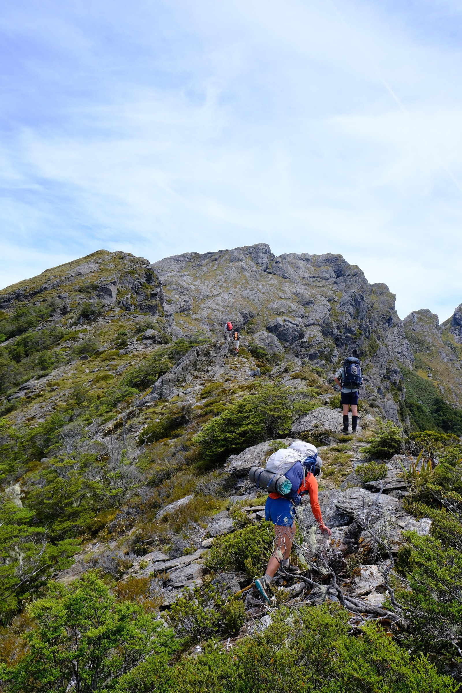 Mizuki, Miles, Chelsea, Manu climb up a spur of the teeth. Kahurangi, New Zealand
