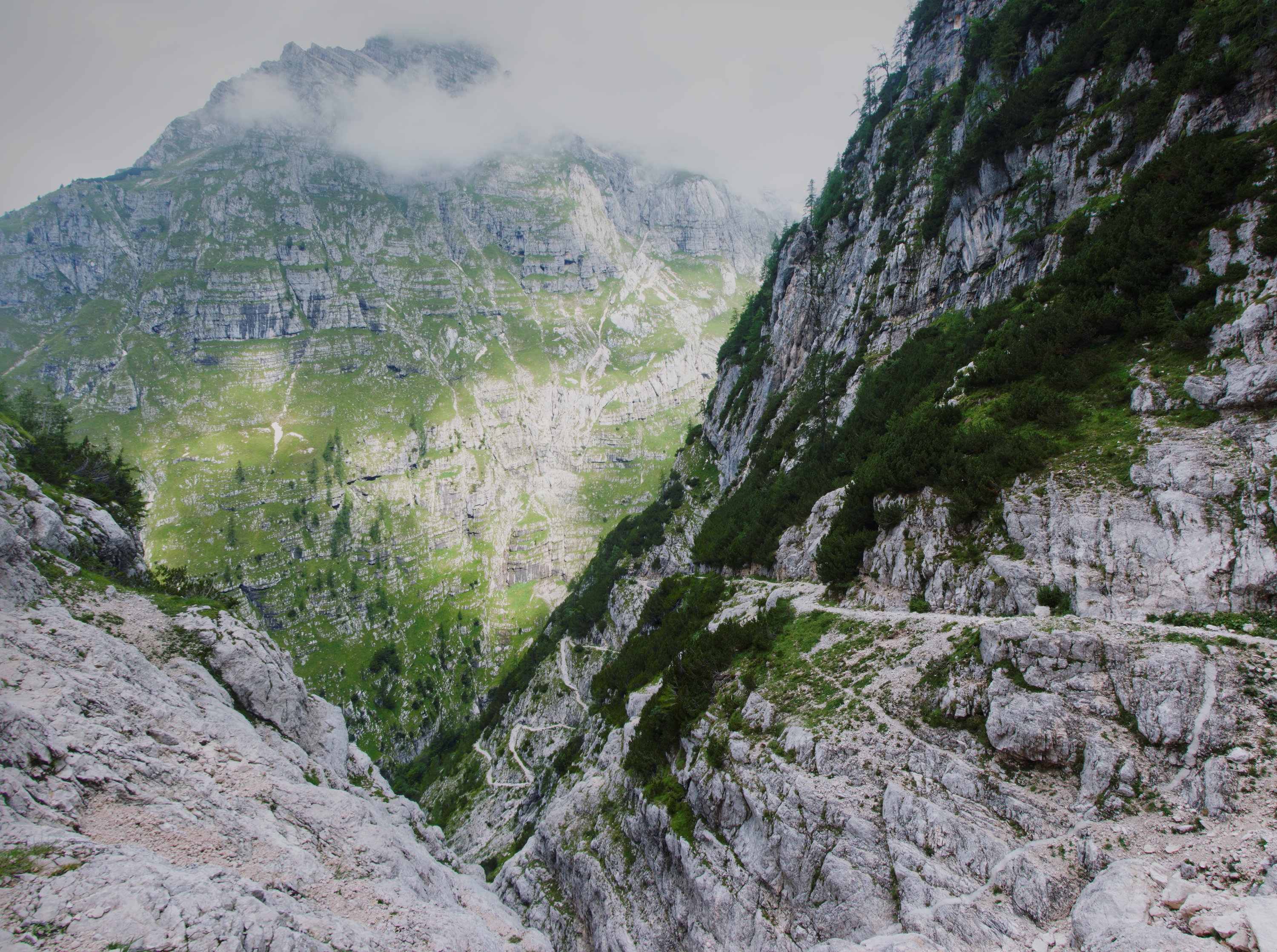 Looking back down the path that winds it's way from the valley floor, up to a saddle below Mount Triglav. Triglav National Park, Slovenia