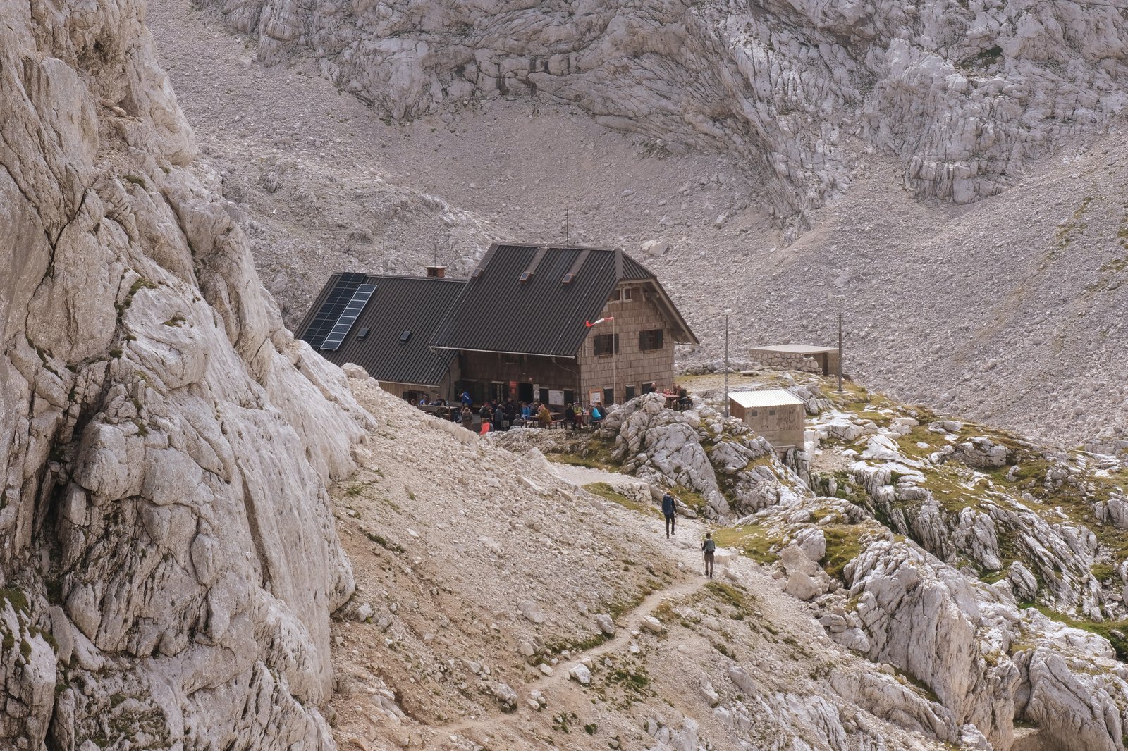 Koča na Doliču (Dolič Mountain Hut) at 2151m at a saddle on the western approach to Mount Triglav, Slovenia