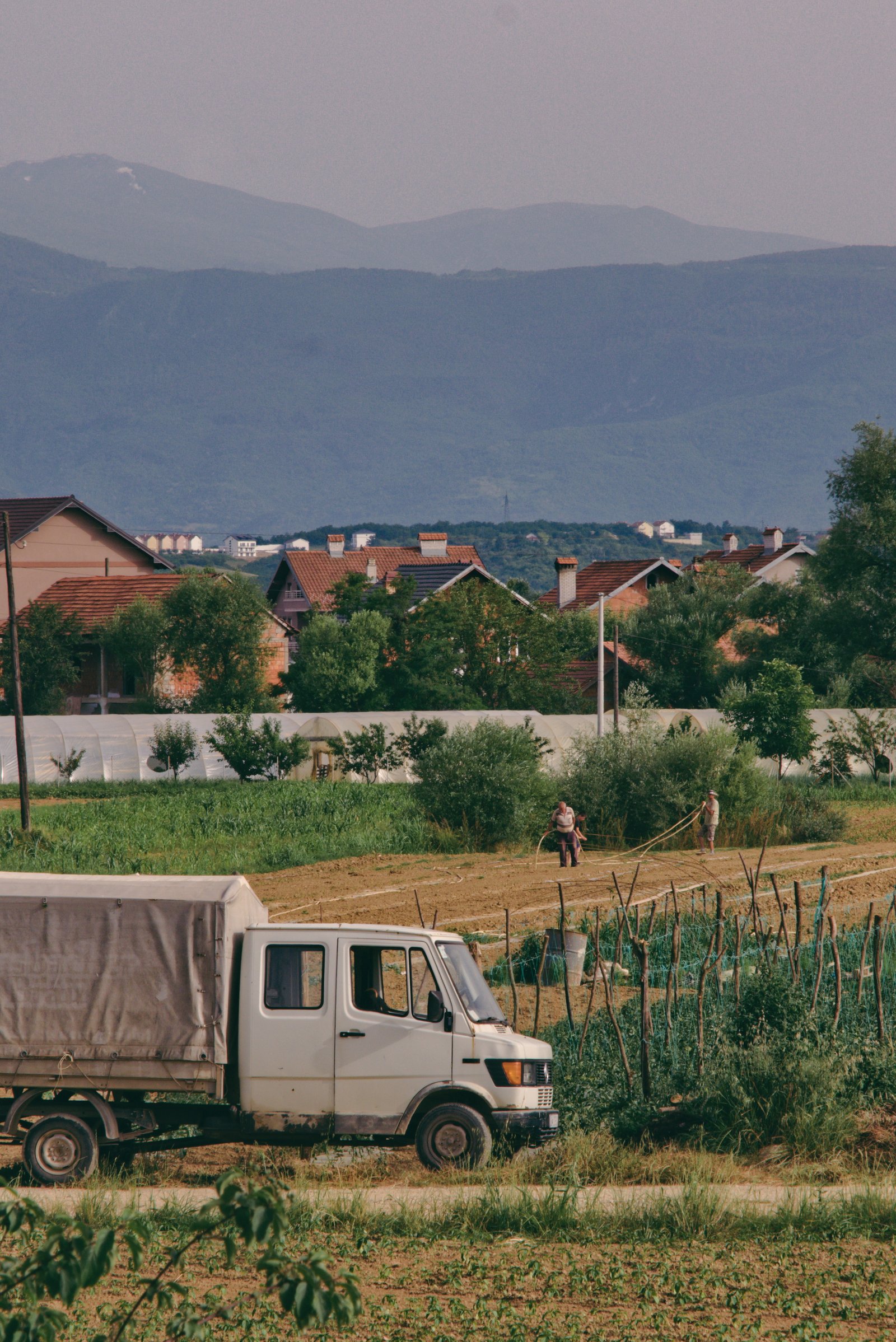 Three men lay hoses for crop irrigation in the evening between Gjakova and Prizren, Kosovo.