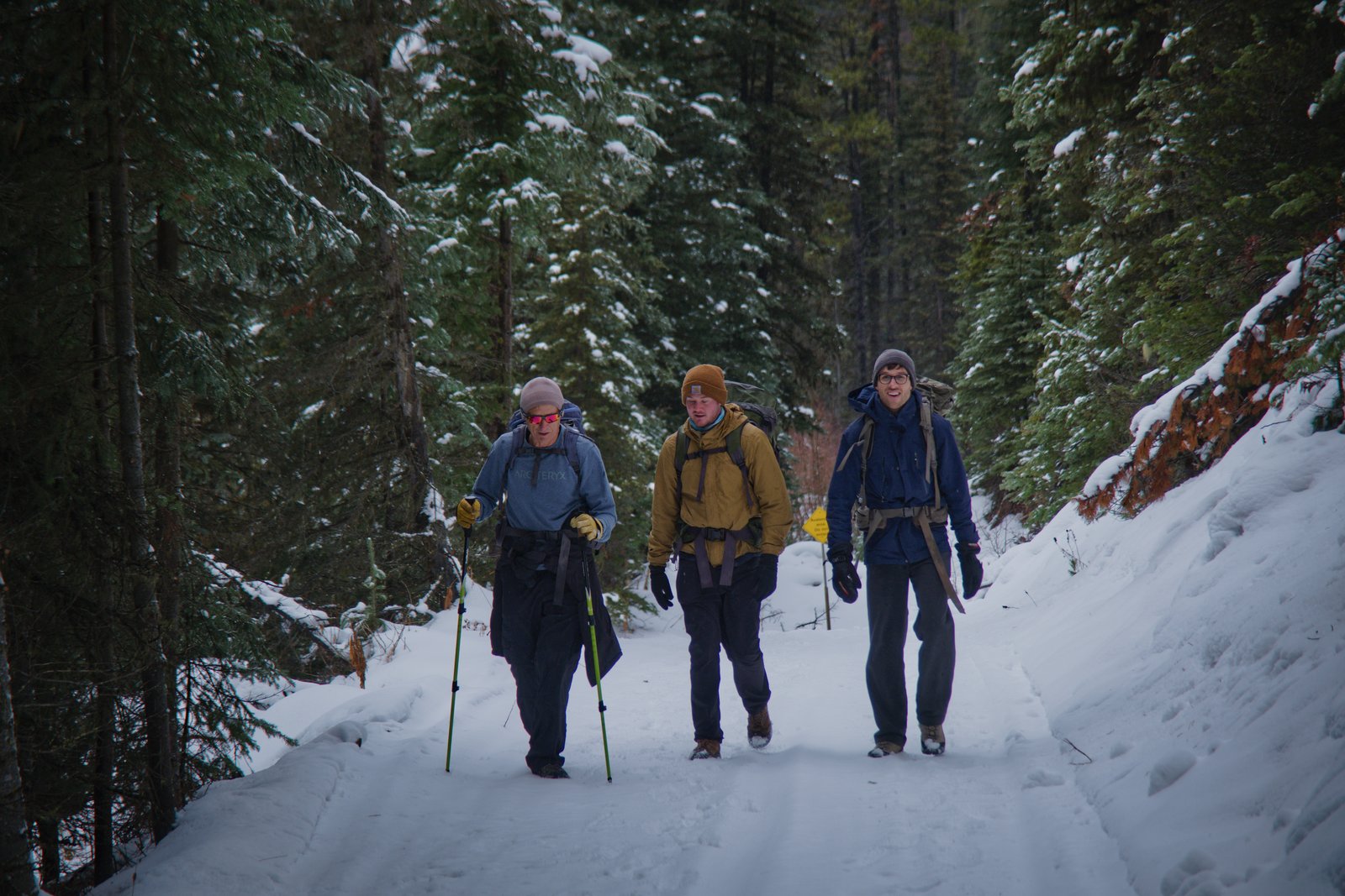 Ken, Jessey, and Kyle on our hike in to Elk Lake Cabin, Kananaskis region, Canada