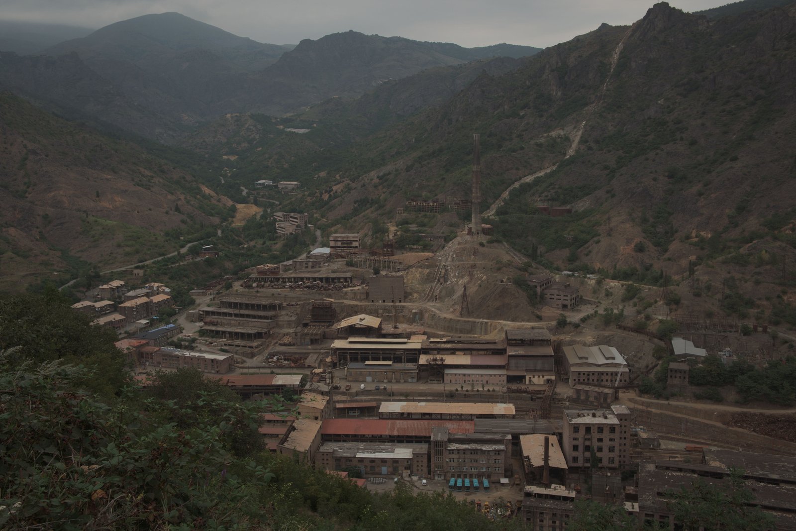 Looking down on the Soviet copper mine and processing facility while climbing out of the Debed Canyon. Alaverdi, Armenia