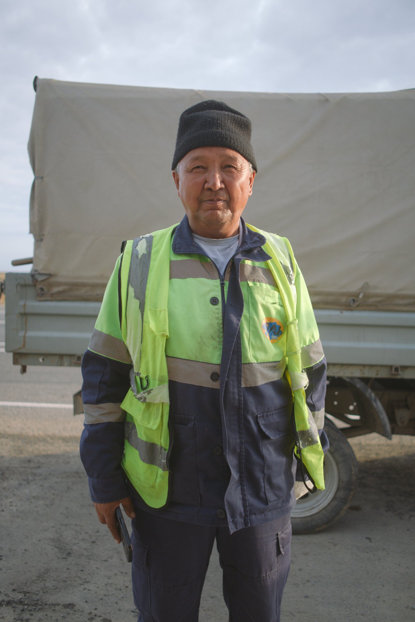 Ulysbek, a lovely cheerful bin man met at the roadside. Western Kazakhstan.