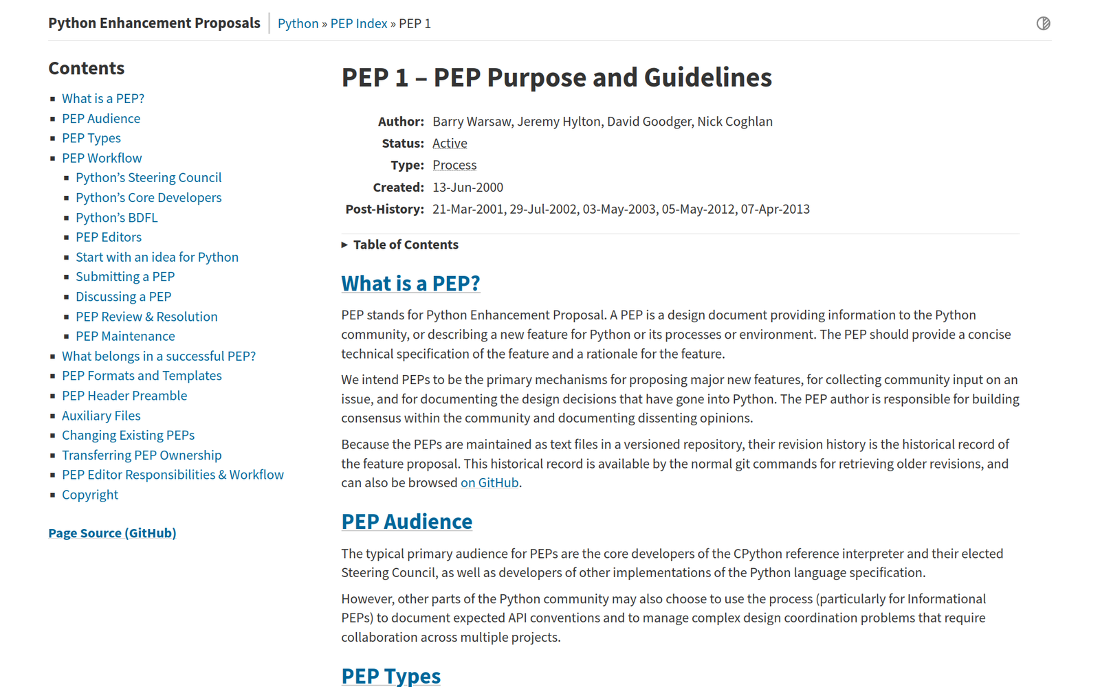 The python.org sidebar as seen beside a PEP