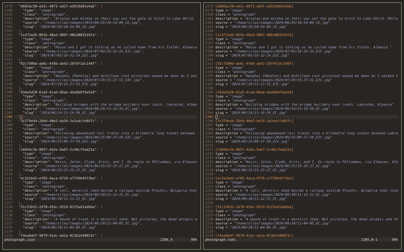 A side by side view of a simple document in JSON and TOML formats.