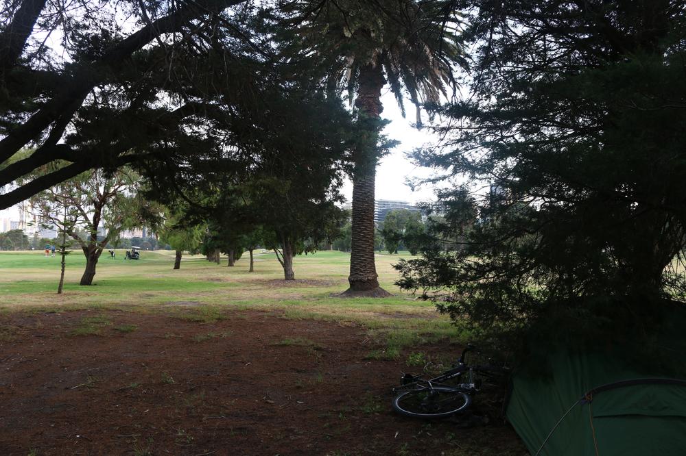 My tent pitched under a tree on Melbourne golf course