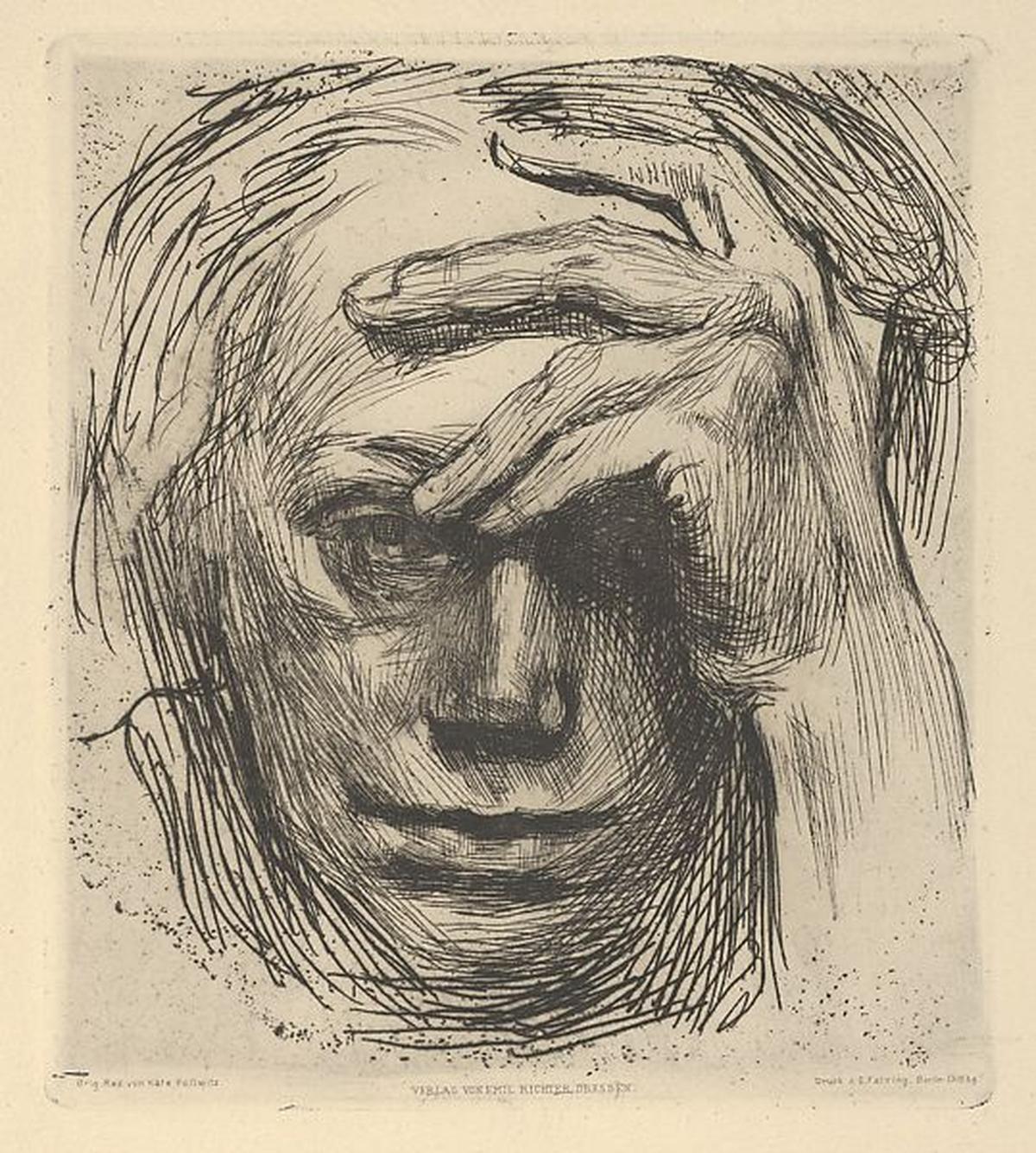 Self-Portrait with Hand on the Forehead by Käthe Kollwitz, 1910