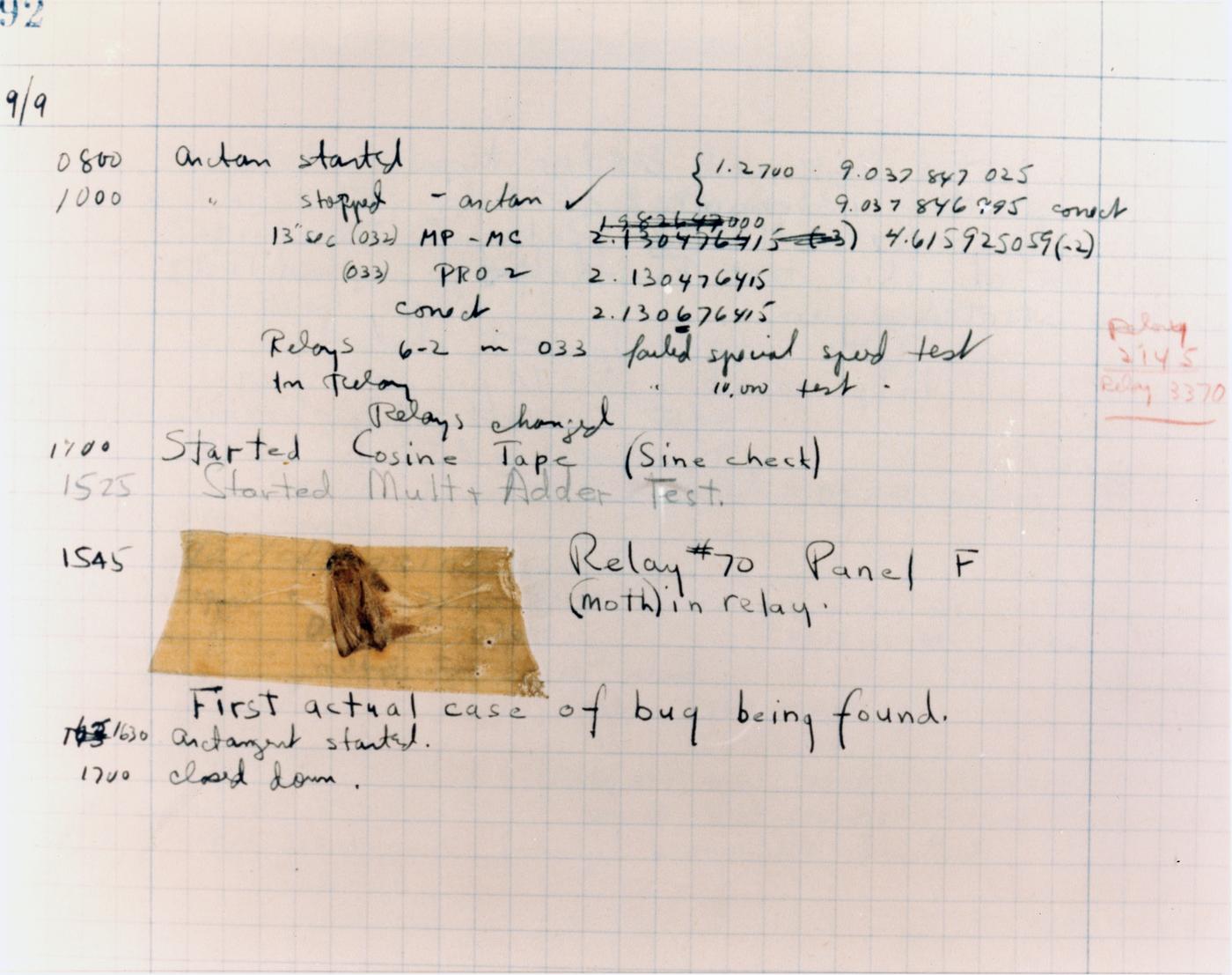 A page from the Harvard Mark II electromechanical computer’s log, featuring a dead moth that was removed from the device.