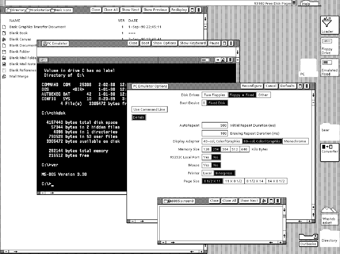 Xerox 6085 with optional PCE board, showing Viewpoint 2.0 desktop and running PC Emulator. Found at www.typewritten.org/Media