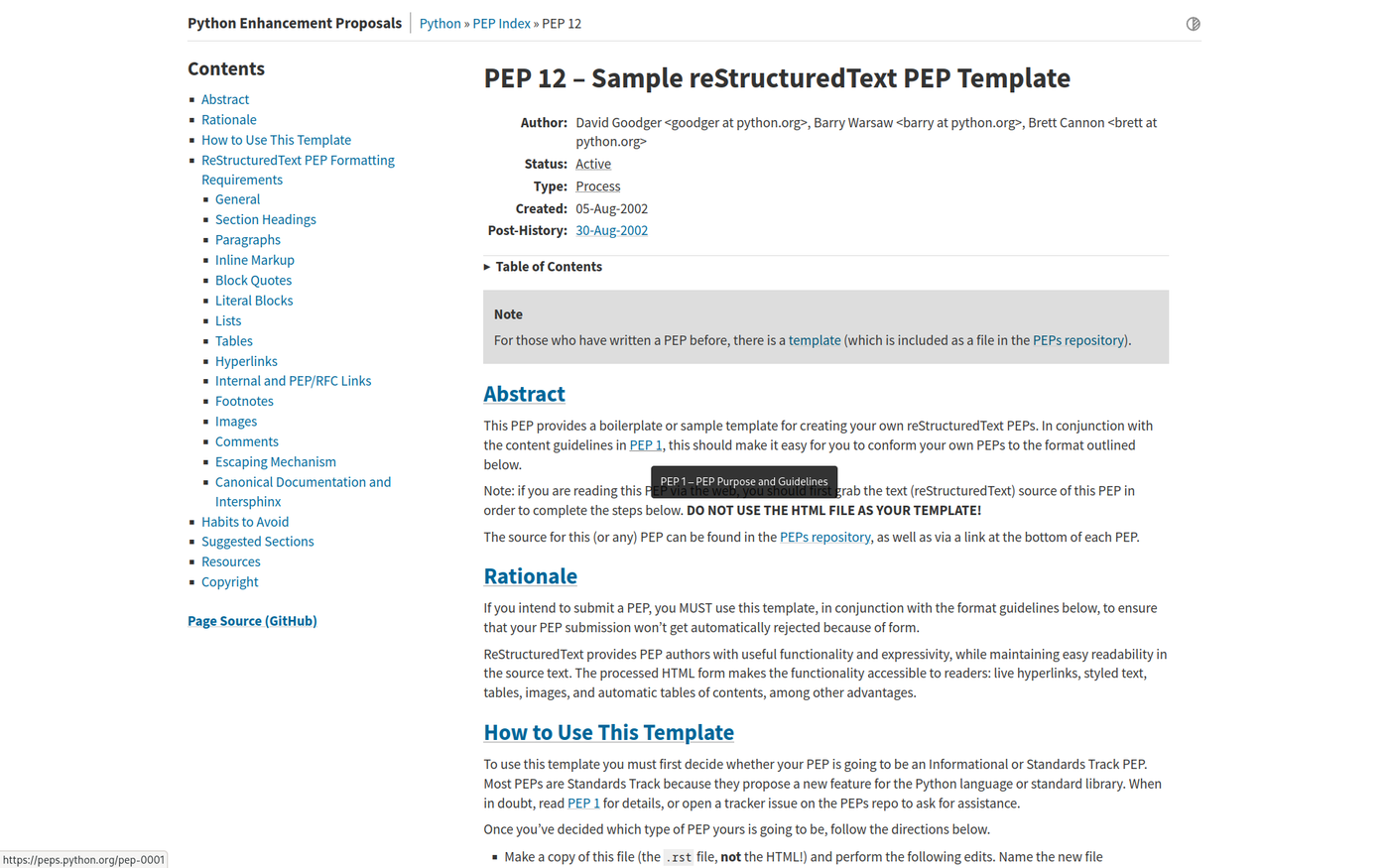 The Python PEP site exhibiting title tooltips when hovering links.